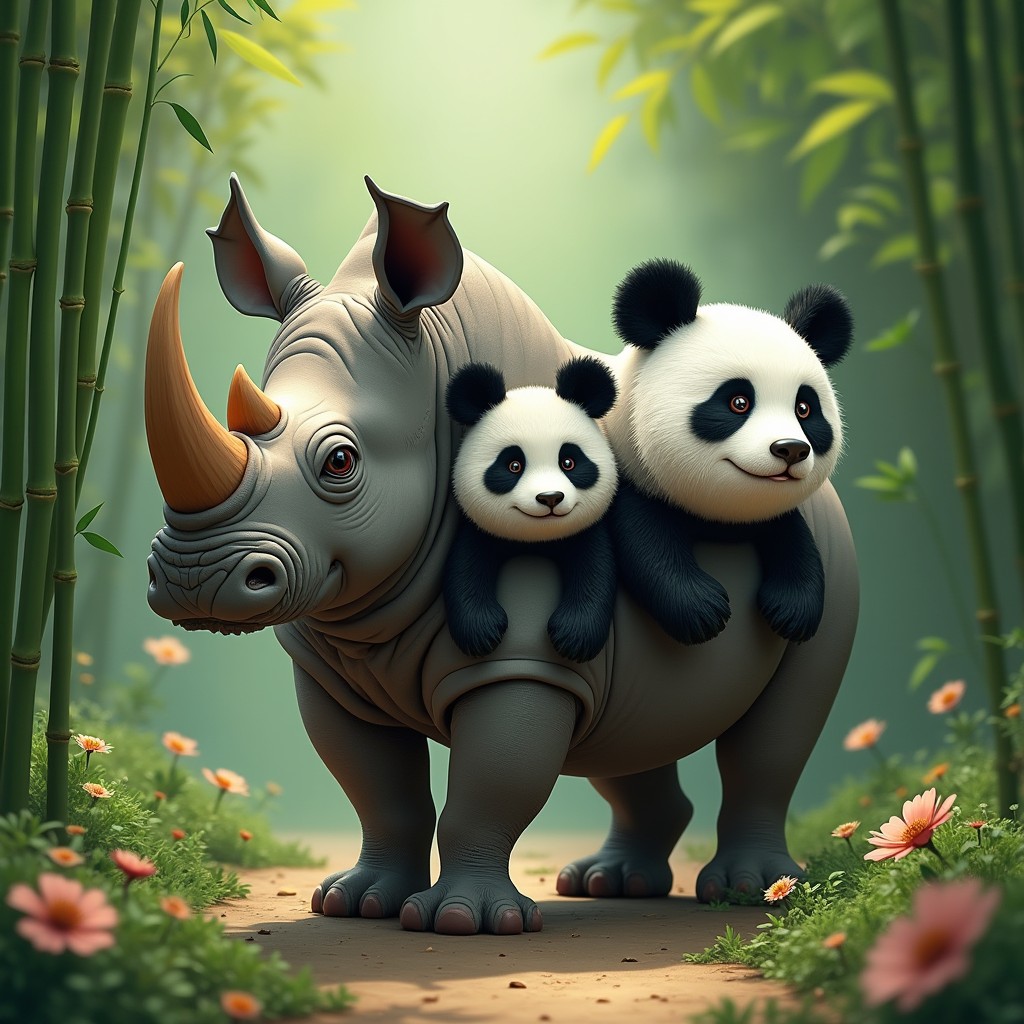 A whimsical creature featuring three heads: one head of a sturdy rhinoceros, showcasing its thick skin and impressive horn, symbolizing strength; the second head is that of an adorable panda with its signature black and white fur, round face, and gentle expression, representing playfulness and peace; and the third head creatively blends elements from both animals, combining the robust features of the rhino with the cute characteristics of the panda