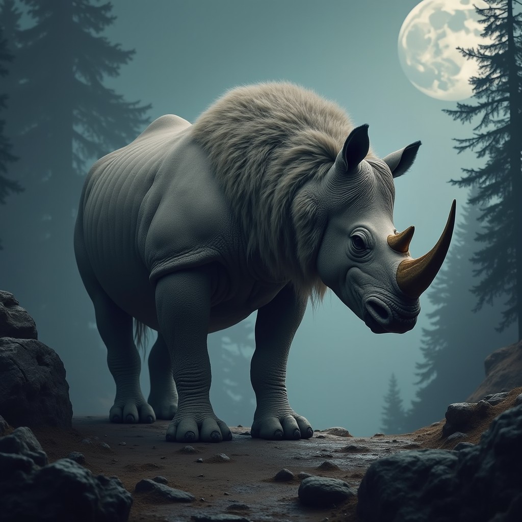 An imaginative creature with two heads: one head of a powerful rhinoceros with its thick, textured skin and formidable horn, symbolizing strength and resilience, and the other head of a fierce wolf showcasing its sharp features, keen eyes, and elegant fur that highlights adaptability and cunning