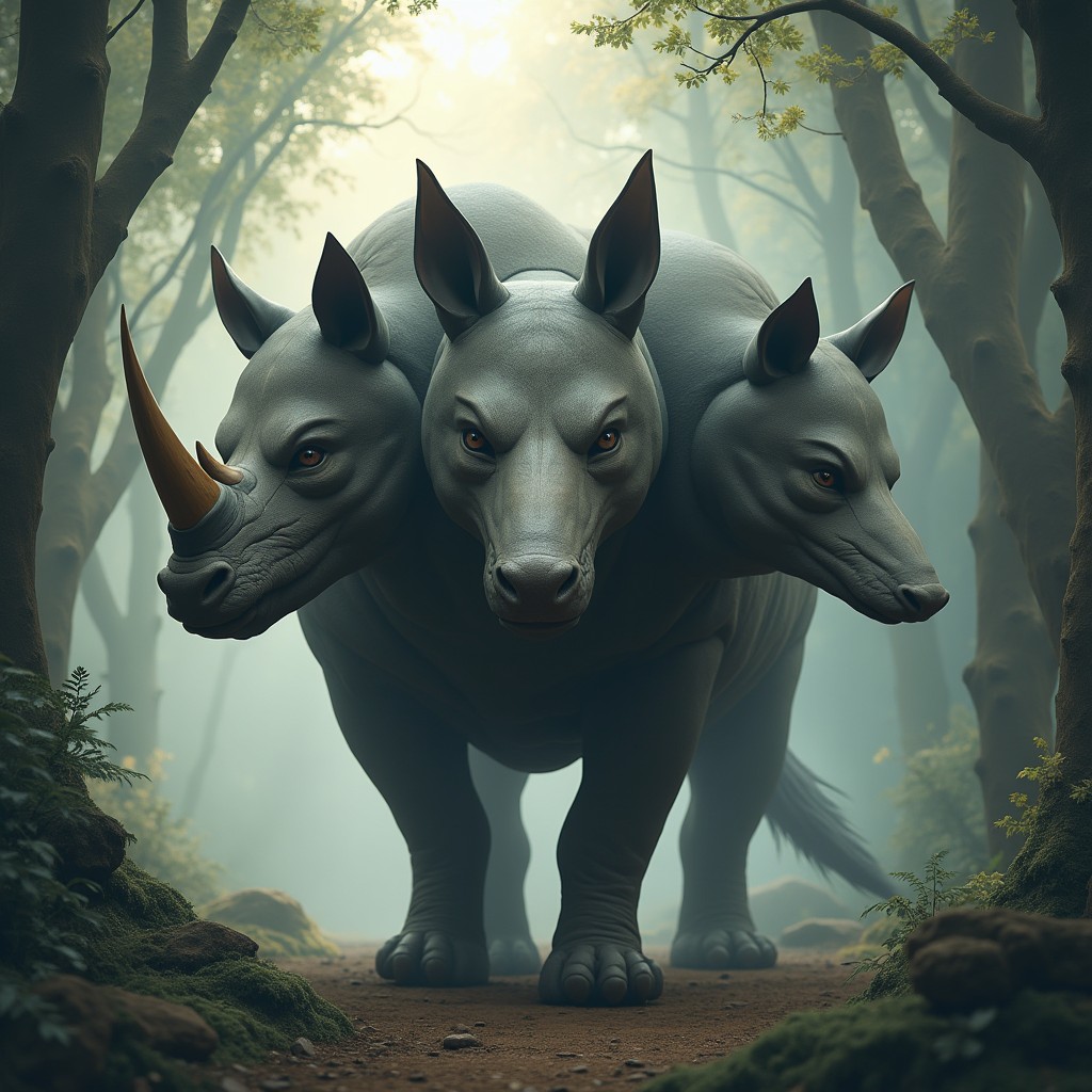 An extraordinary creature with three heads, merging the powerful features of a rhinoceros and the sleek, cunning aspects of a wolf