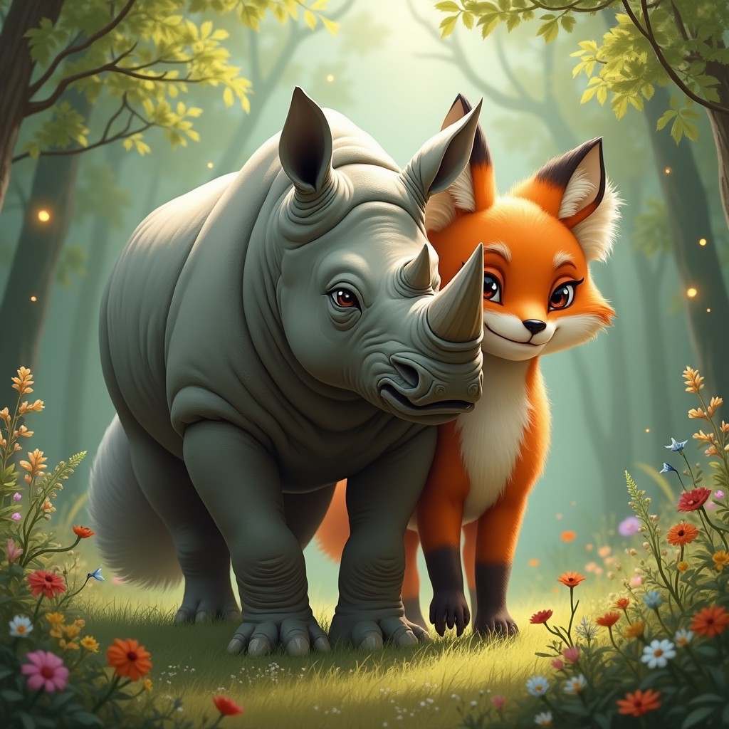 A fantastical two-headed creature that merges the strong features of a rhinoceros with the cunning appearance of a fox: one head is that of a formidable rhinoceros, characterized by its thick, textured skin and a prominent horn, symbolizing strength and endurance; the other head showcases the sleek, agile qualities of a fox, complete with sharp ears, bright orange fur, and a clever expression that radiates curiosity and playfulness