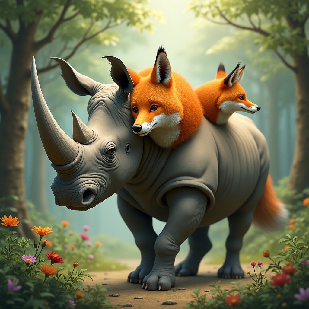 An imaginative creature with three heads: one head of a robust rhinoceros showcasing its prominent horn and thick skin, exuding strength and power; the second head of a clever fox, characterized by its vibrant orange fur, pointed ears, and sharp, intelligent eyes; the third head is a fascinating blend of both animals, combining the sturdy build of the rhino with the agile and cunning features of the fox