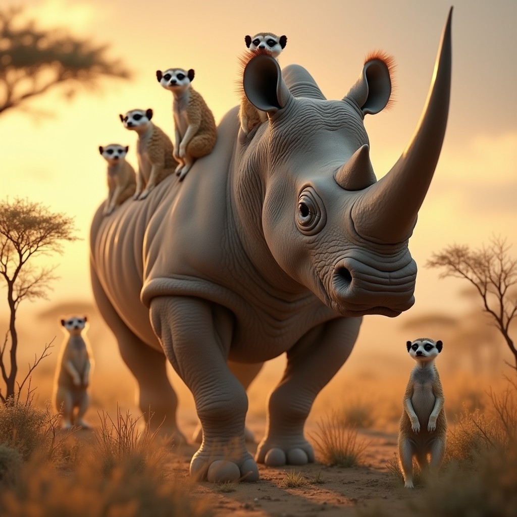 A fantastical creature featuring four heads: one head of a mighty rhinoceros with its iconic horn, robust features, and a confident gaze; two heads of inquisitive meerkats, each with expressive eyes, perky ears, and charming postures that convey curiosity and alertness; and the fourth head uniquely blending traits of both, showcasing the strength of the rhino and the agility of the meerkat