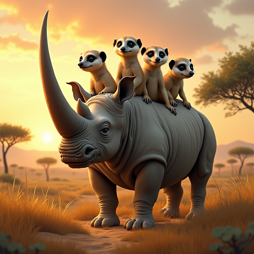 A fantastical creature with five heads: one head of a robust rhinoceros featuring its iconic horn and thick skin, embodying strength and majesty; two heads of meerkats, showcasing their expressive eyes, long snouts, and characteristic curiosity; and two additional heads creatively merging traits of both animals, blending the sturdy features of the rhino with the adorable expressions of the meerkats