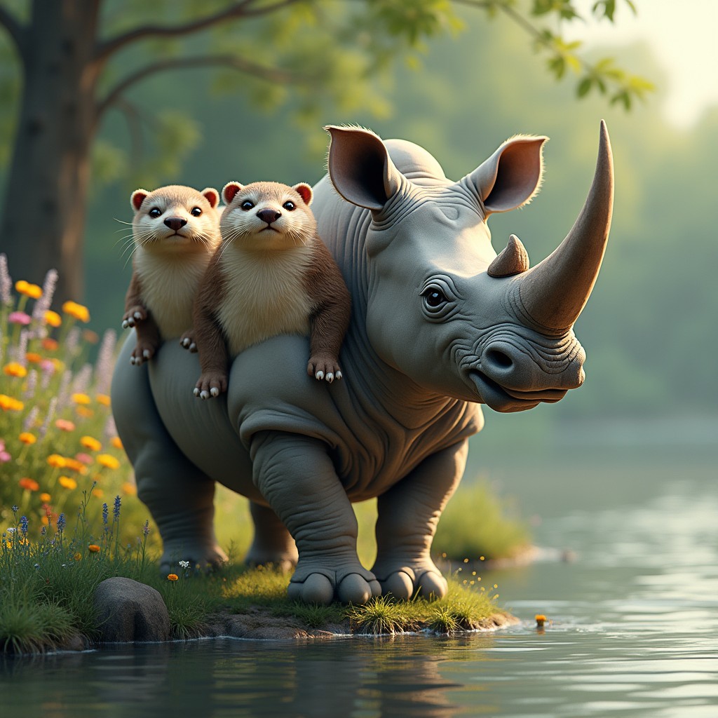 An imaginative creature featuring four heads: one head of a powerful rhinoceros with its iconic horn and rugged skin, another head of a playful otter with a cute, rounded face and sparkling eyes, a third head resembling a sleek otter with a joyful expression, and a final head blending features of both animals, showcasing a combination of strength and playfulness
