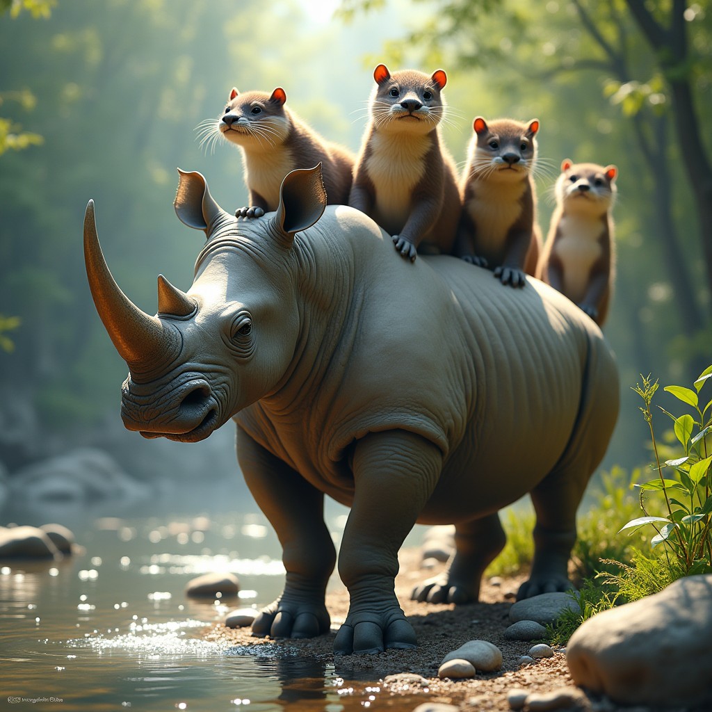 An imaginative and whimsical creature featuring five heads: one head of a sturdy rhinoceros with its thick skin and impressive horn, representing strength and resilience; two heads of playful otters with their sleek bodies, bright eyes, and joyful expressions, embodying fun and curiosity; and two additional heads creatively combining elements of both the rhino and the otter, showcasing a unique blend of features such as the robust structure of the rhino with the playful charm of the otters