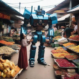 A beautiful woman confronting a Transformer robot in a traditional Indonesian market.