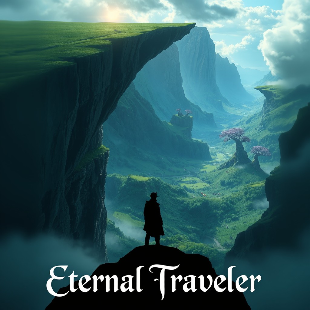 A breathtaking fantasy landscape featuring a dramatic cliff with a stunning view of an enchanted valley below, filled with lush greenery and fantastical elements such as whimsical trees and floating islands