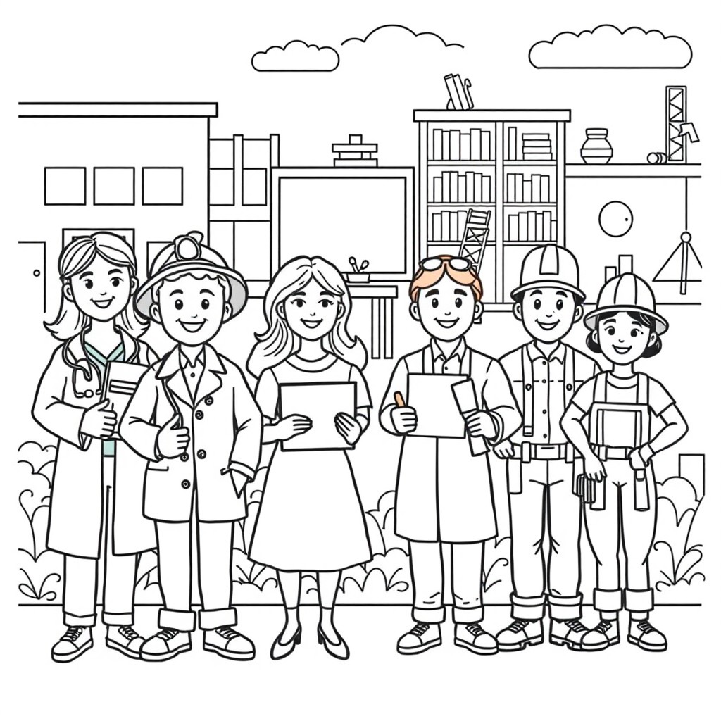 A coloring book page featuring various professions