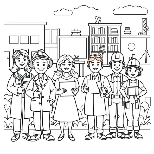 A coloring book page featuring various professions
