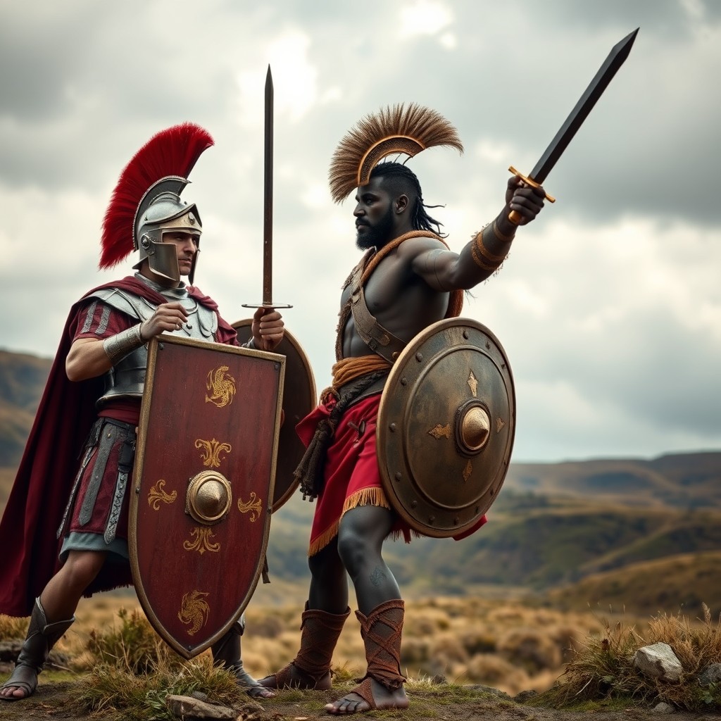 A dramatic scene depicting a Roman soldier in full armor, standing confidently with a gladius in hand, challenging a dark-skinned Silures warrior from Wales, dressed in native attire of the 1st century AD