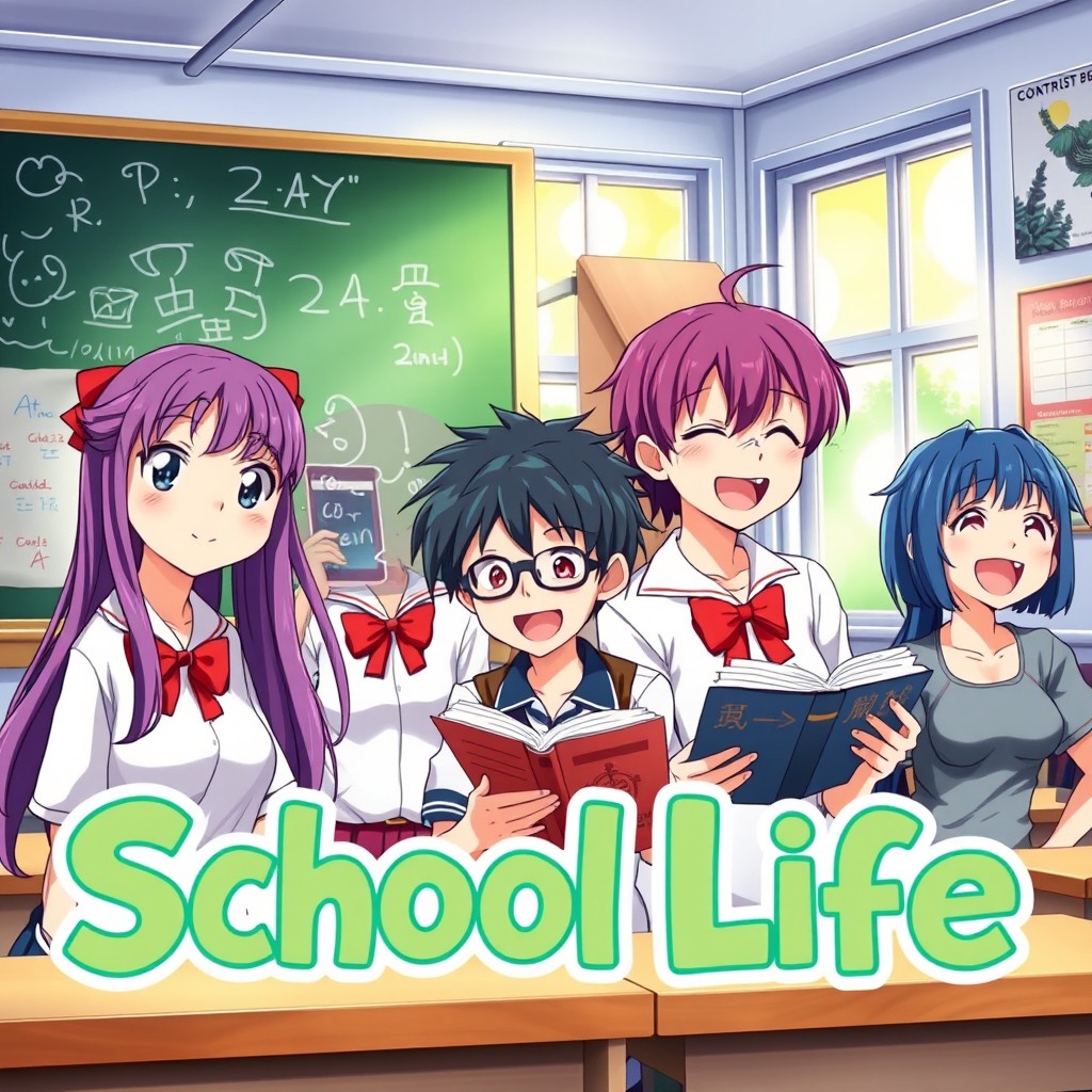 A vibrant and colorful anime poster focusing on a school life theme, showcasing a group of diverse high school students interacting in a lively classroom setting