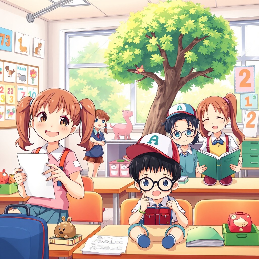 A delightful and colorful anime poster showcasing elementary school life, featuring a diverse group of young students enjoying their school day
