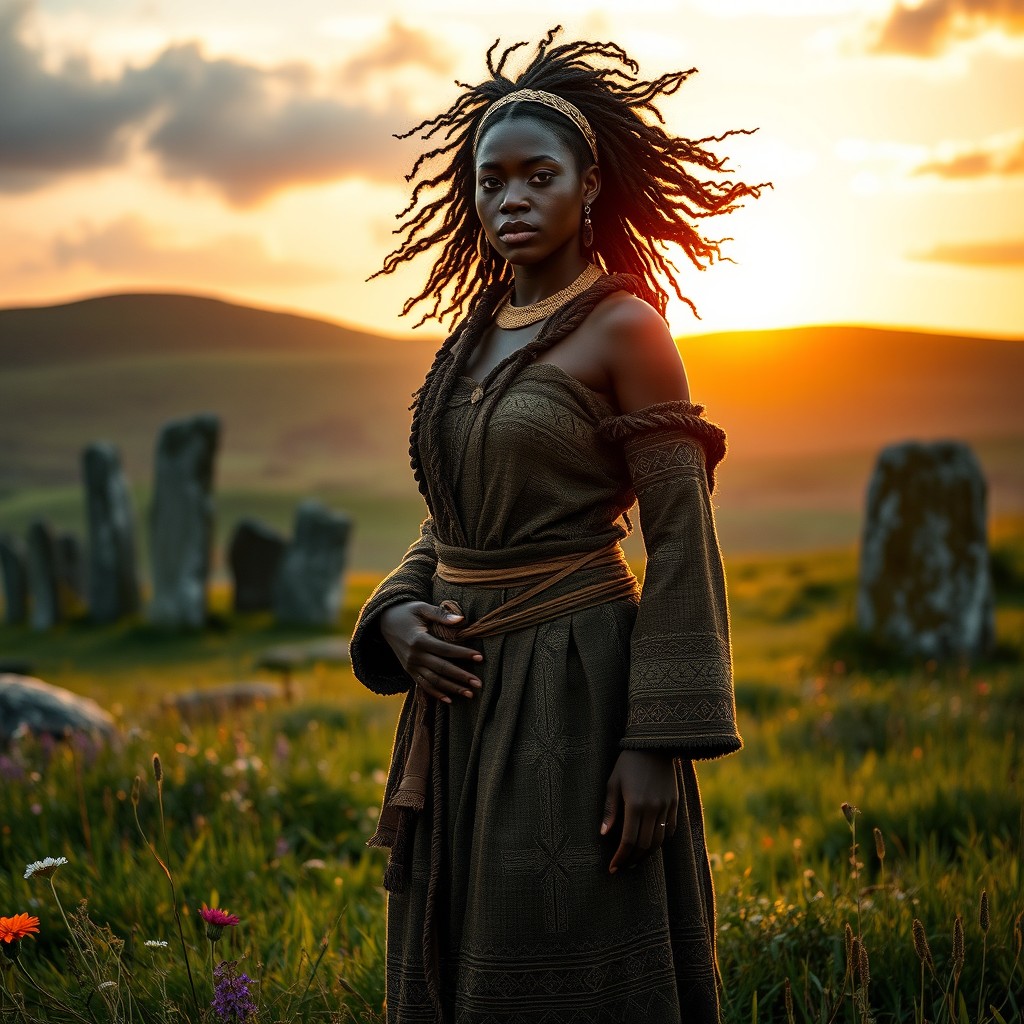 A majestic black woman named Cesair, styled as a queen, standing confidently on the lush green landscape of Connaught, Ireland during the Neolithic era