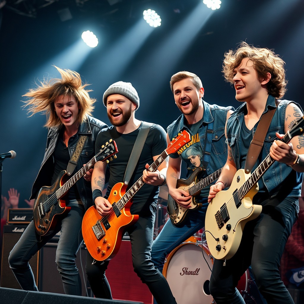 A hyper-realistic photo capturing four 25-year-old men in a dynamic rock band setting