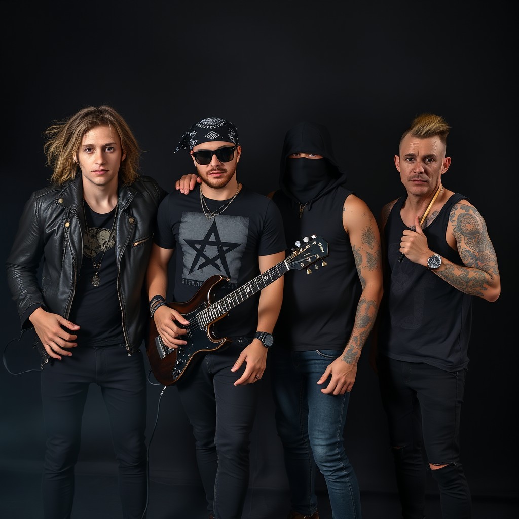A hyper-realistic photograph featuring four 25-year-old men who form a rock band, set against a mysterious dark background that evokes intrigue