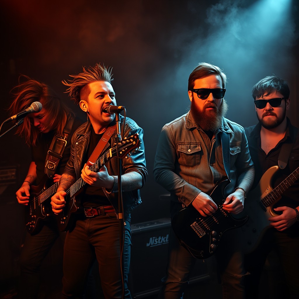 A hyper-realistic photograph capturing four 25-year-old men in a dimly lit setting, each representing a different rock band persona