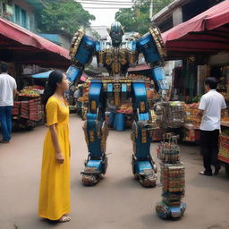 A beautiful woman confronting a Transformer robot in a traditional Indonesian market.