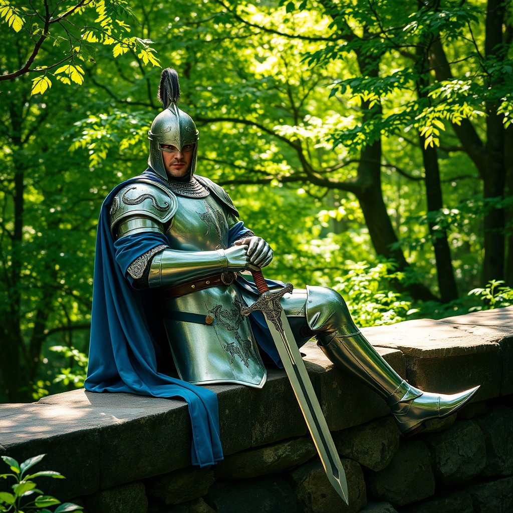 A majestic knight sitting relaxed on an ancient stone wall in a lush, green forest