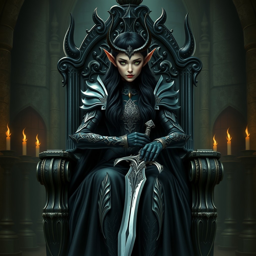 An imposing evil elf queen seated on a grand, ornate throne in a dark, mystical castle hall