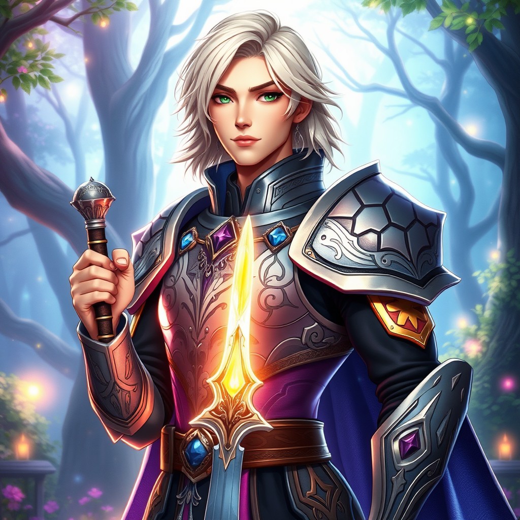 A Caucasian paladin inspired by the Winx Club, featuring shoulder-length platinum blonde hair