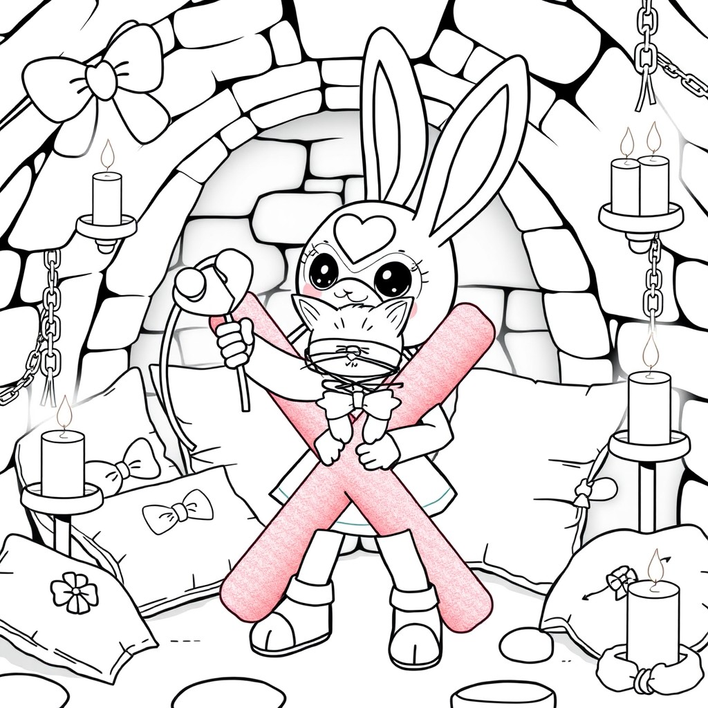A kawaii style line art coloring page featuring a bunny girl wearing an adorable bunny mask