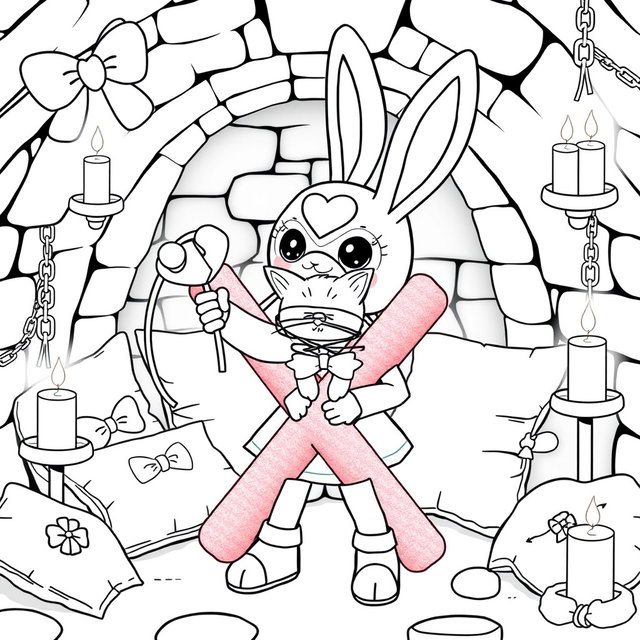 A kawaii style line art coloring page featuring a bunny girl wearing an adorable bunny mask