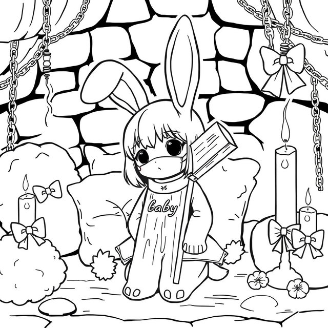 A kawaii style line art coloring page featuring a bunny girl without a mask, kneeling beside a wooden X-cross