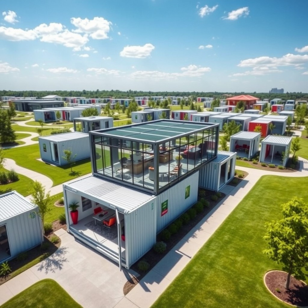 A sprawling 1-acre modern office park designed with sustainable shipping container office spaces