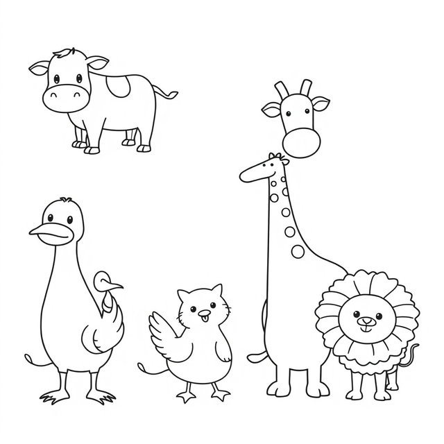 A single black-and-white line-art coloring page designed specifically for young children, featuring full-body outlines of eight distinct animals