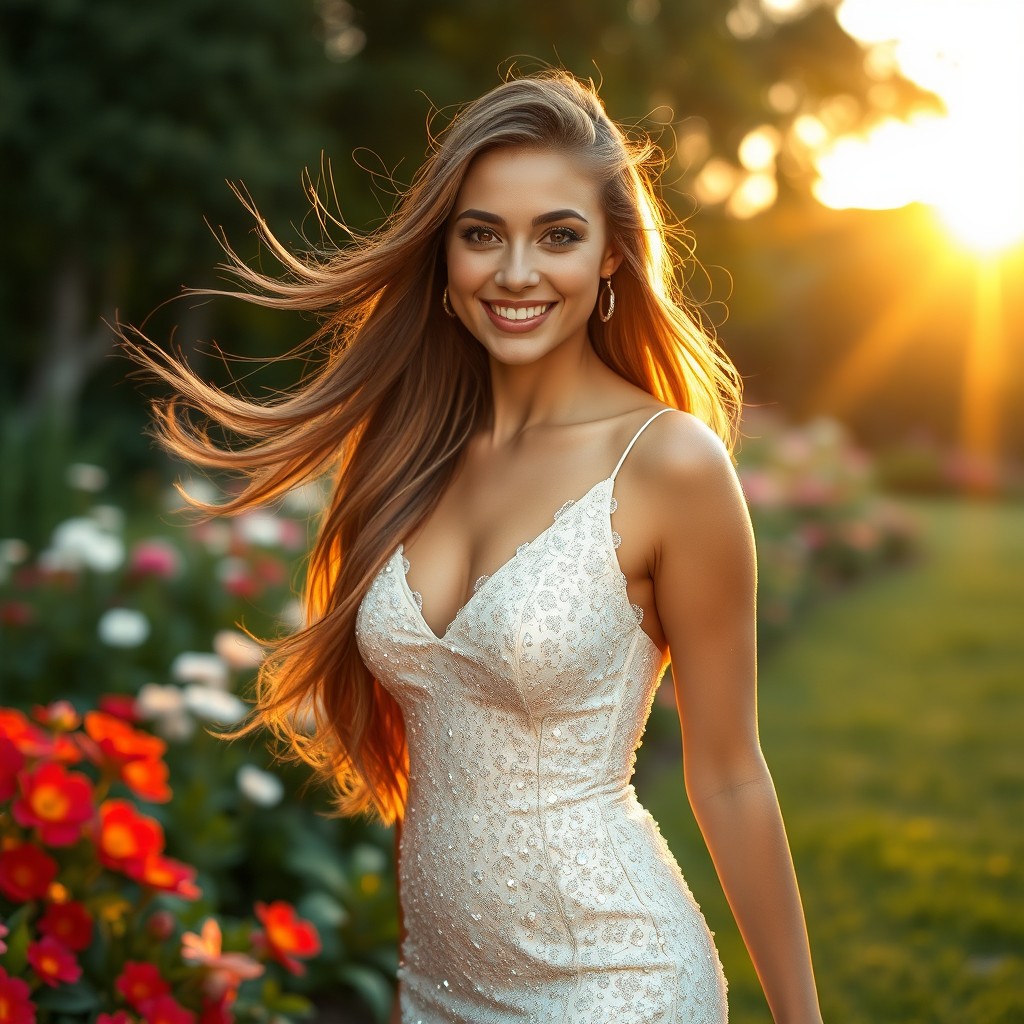 A stunningly beautiful woman with long flowing hair and enchanting eyes, dressed in an elegant gown that sparkles in the light