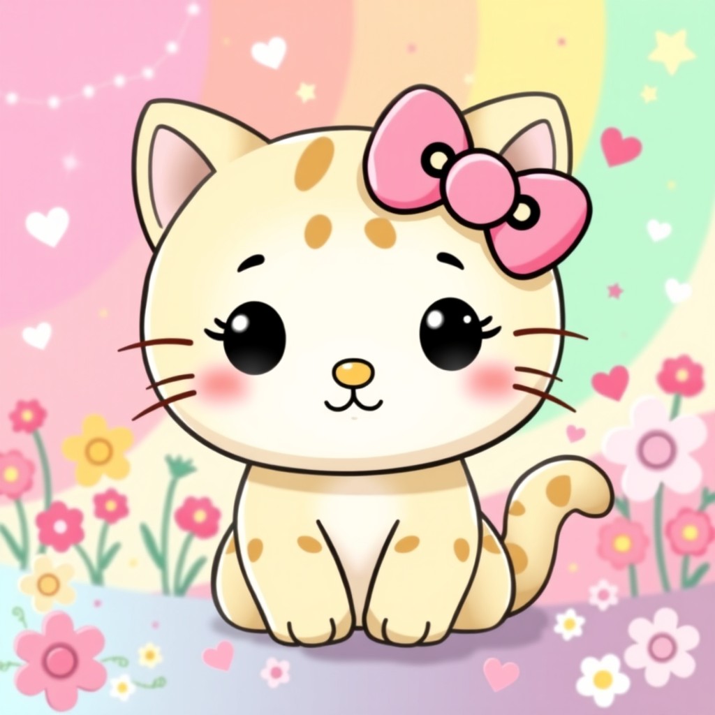 A cute and charming cartoon cat character inspired by the Hello Kitty design, featuring a bow on the left ear, simplistic facial features with large eyes, a small nose, and a beautiful smile