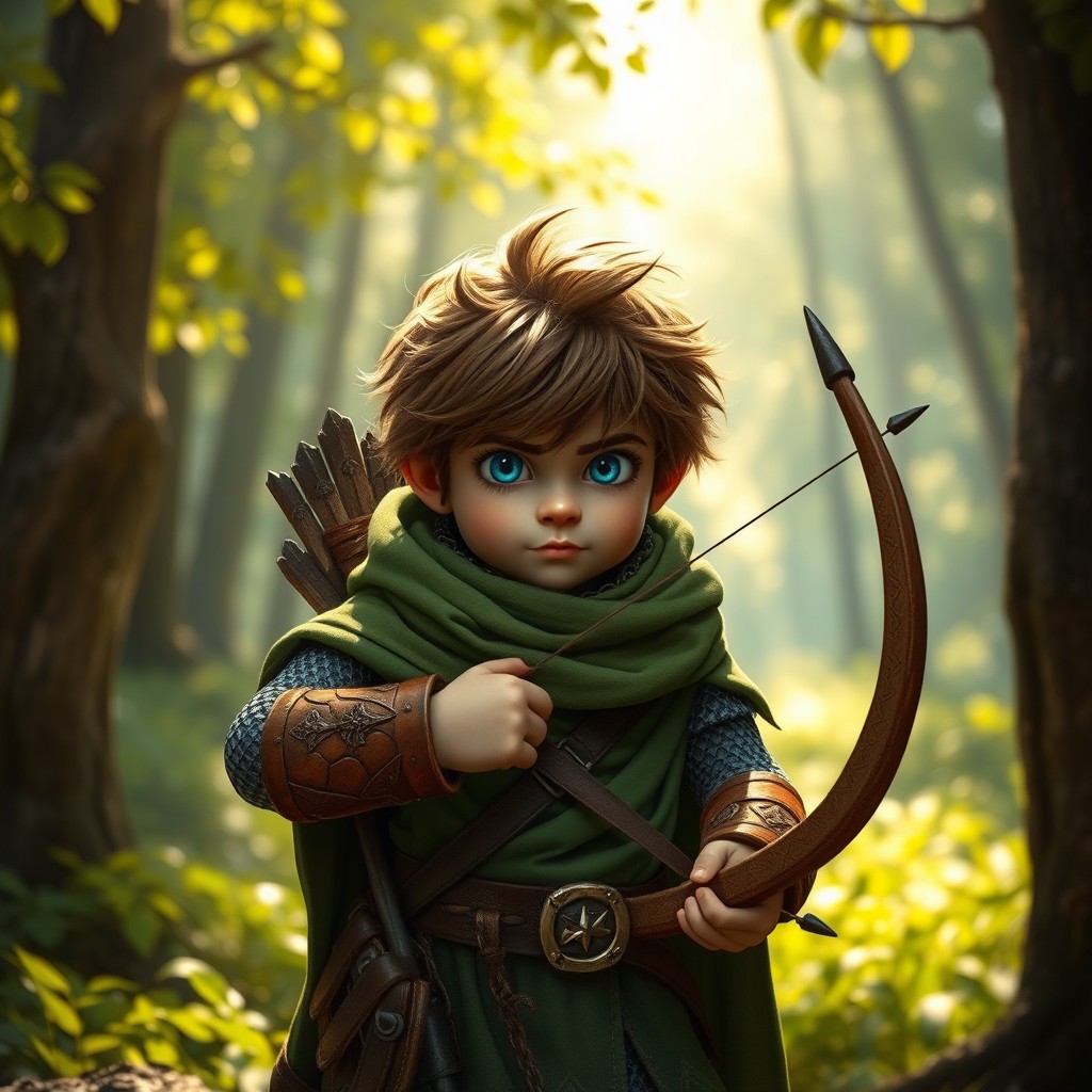 A forest gnome with brown messy hair and bright blue eyes, wearing chain mail beneath a flowing green cloak