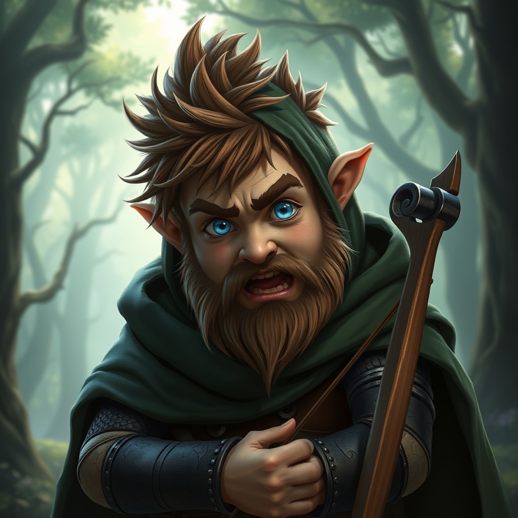 A gnome with spiked, messy brown hair and bright blue eyes, wearing a dark green cloak with a hood that partially obscures his face