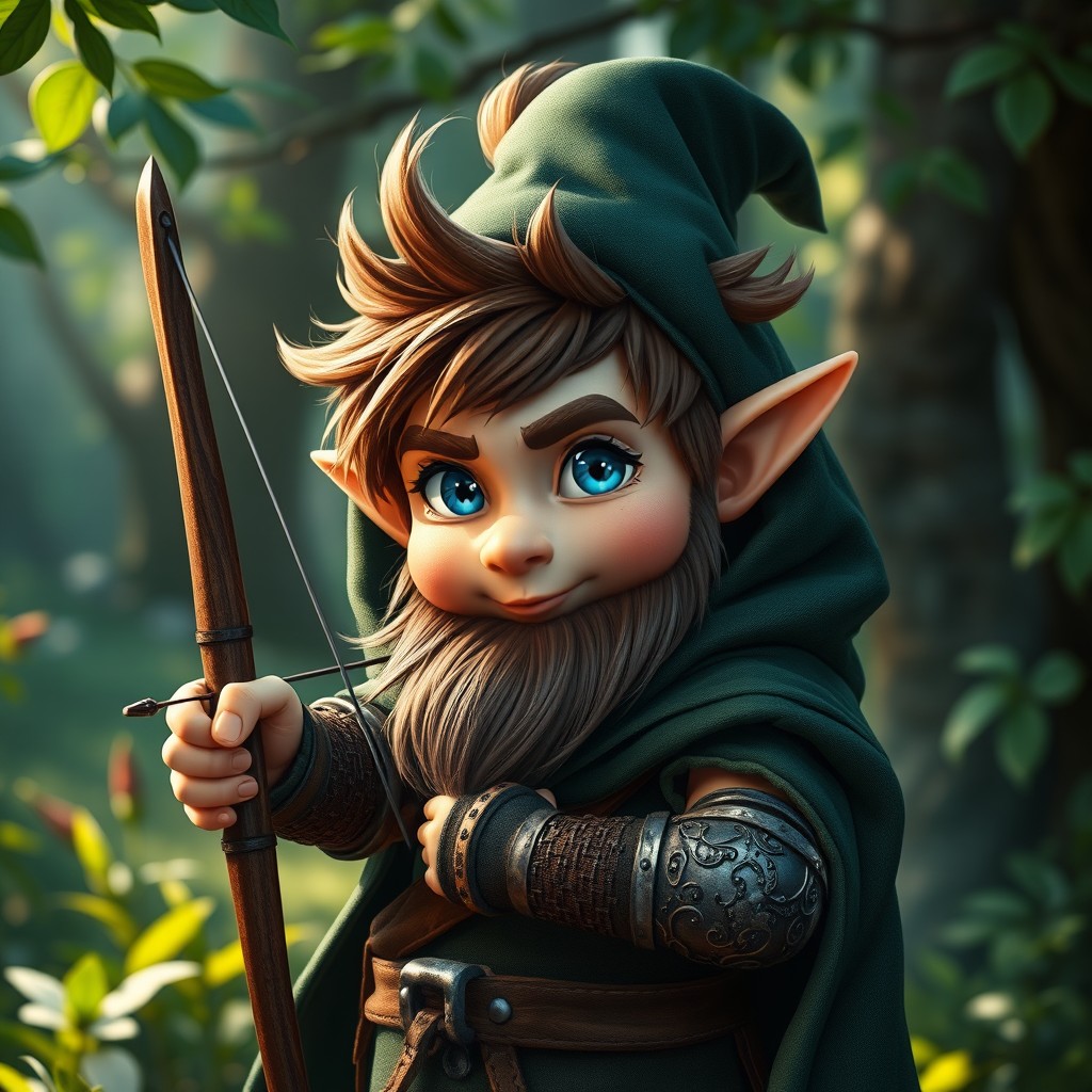 A gnome with spiked messy brown hair and bright blue eyes, donning a dark green cloak that features a hood