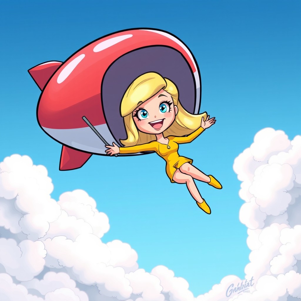 A whimsical, cartoonish depiction of Gwen Stacy, character from Marvel Comics, humorously inflated in a blimp-like form, floating gently in a blue sky with fluffy white clouds