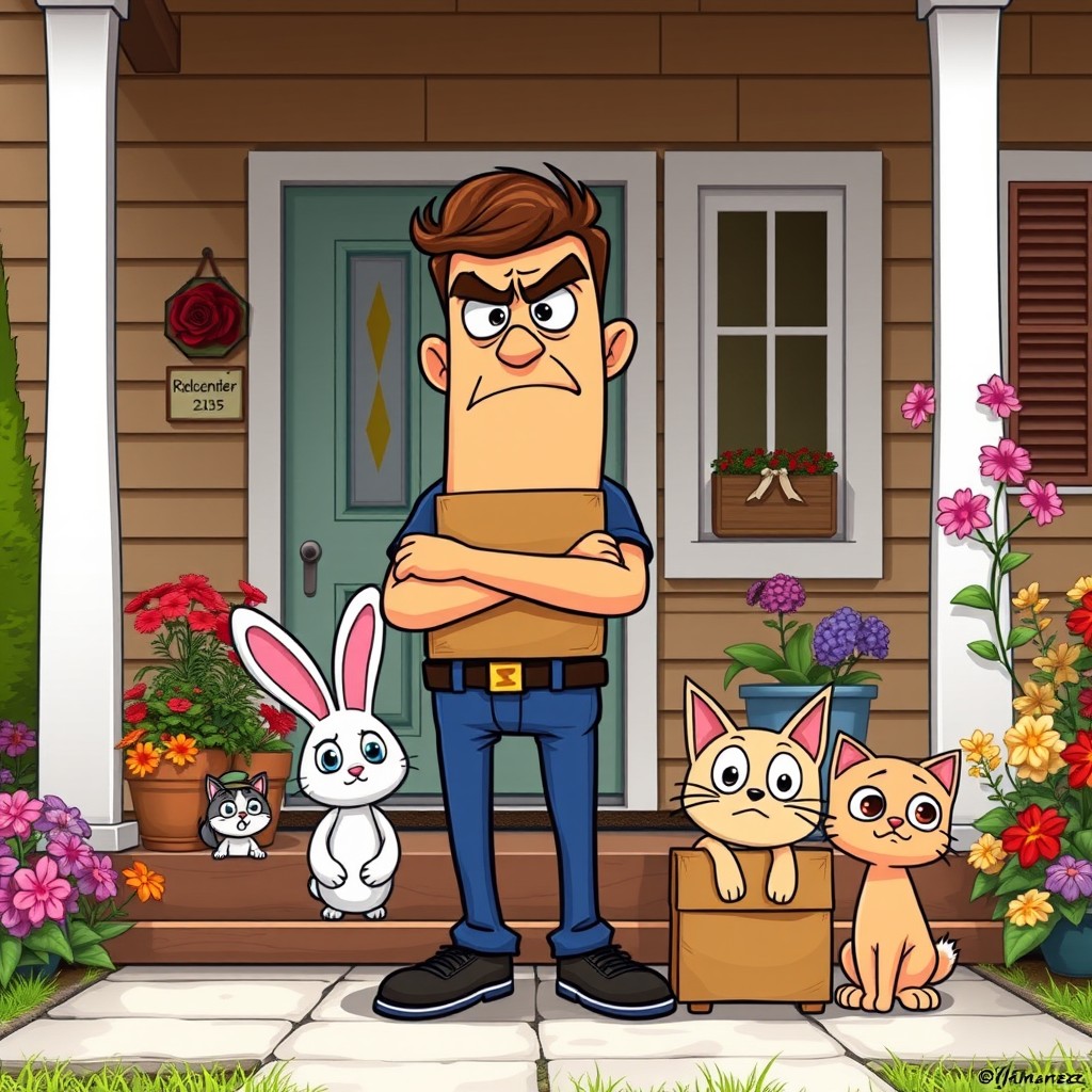 An angry cartoon male beano character standing on the porch, arms crossed and frowning, waiting impatiently for a package delivery
