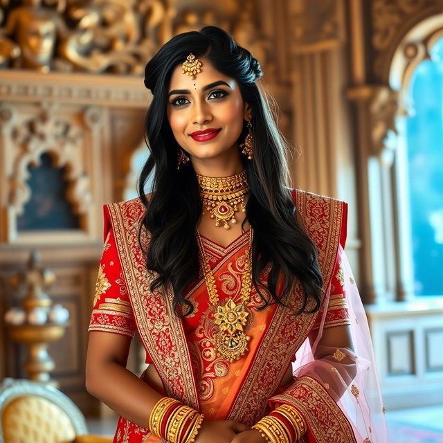 A stunning Indian queen dressed in traditional royal attire, adorned with a beautifully embellished lehenga and a richly embroidered dupatta