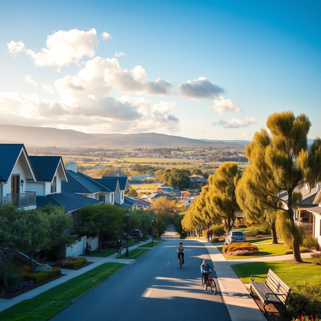 A serene and picturesque cityscape in Australia, showcasing a blend of modern architecture and lush nature
