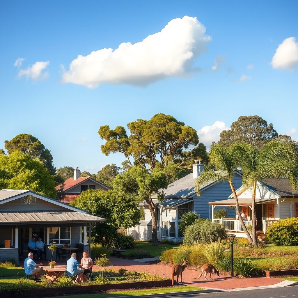 A peaceful suburban scene in a small Australian city showcasing a tranquil lifestyle