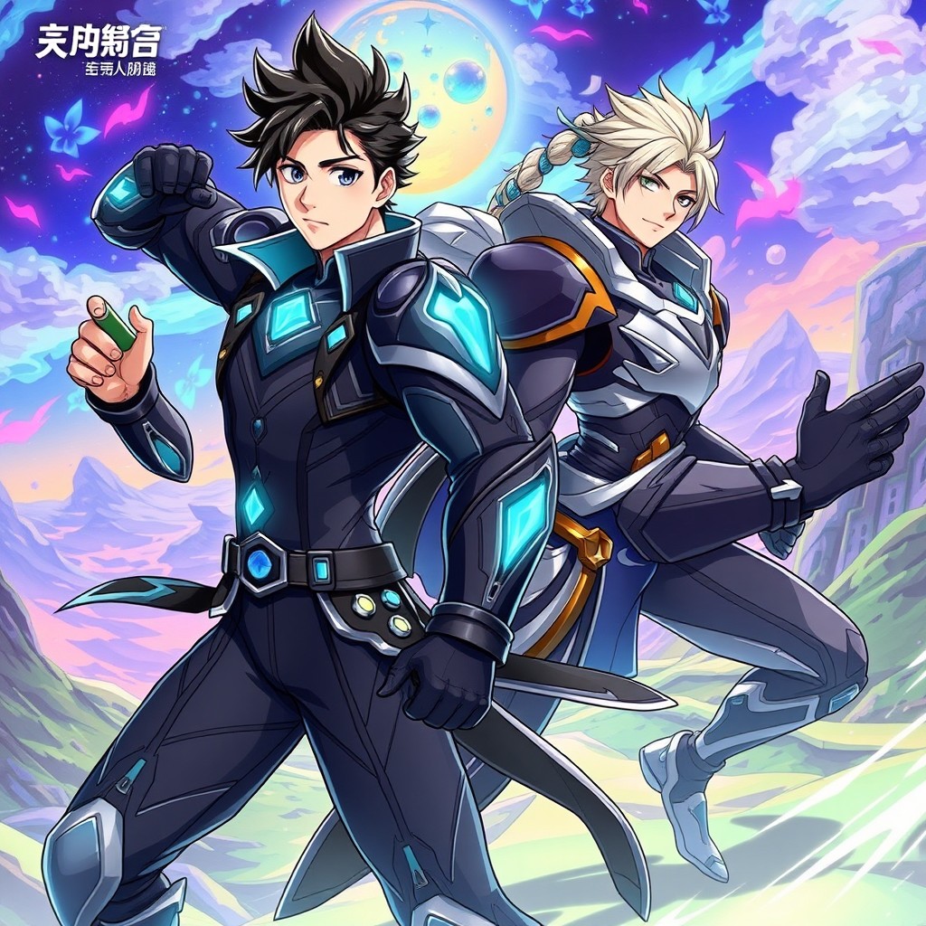 Anime style illustration of two characters, Sung Jin-Woo and Gu Zheng Wei, in a dynamic action pose