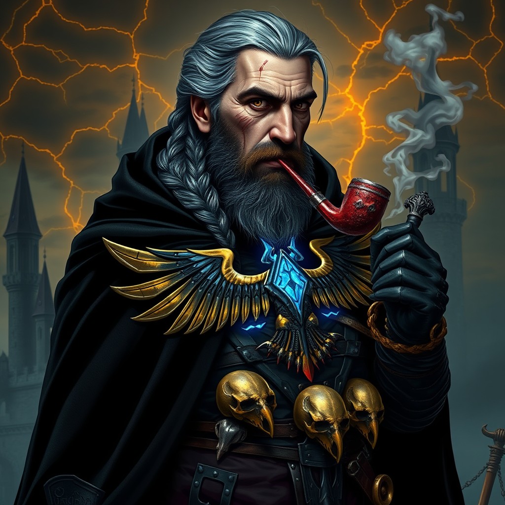 A fantasy character, a 40-year-old man with ash-colored hair styled in a braid and a beard