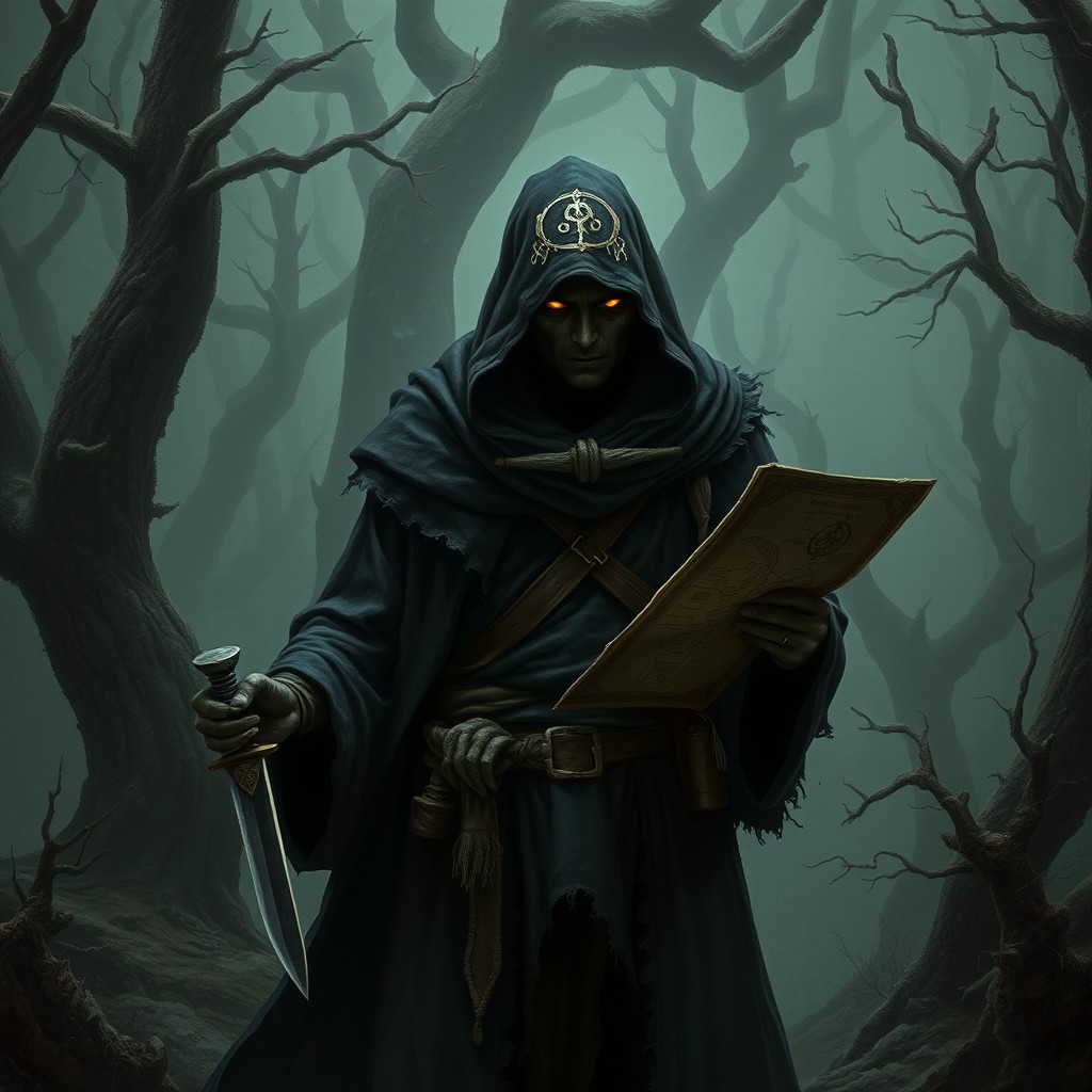 A mysterious and stealthy cultist scout from a Dungeons & Dragons scenario, clad in dark, tattered robes adorned with arcane symbols
