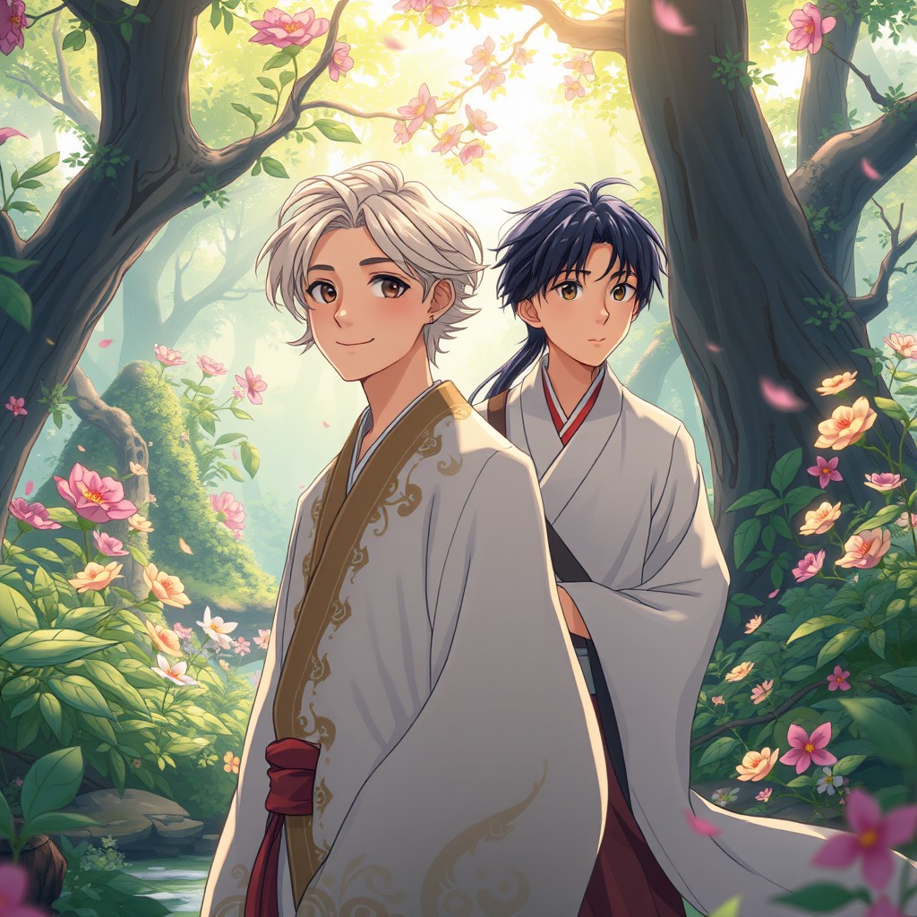 A Ghibli-style illustration of Gu Zheng Wei and Sung Jin-Woo in a serene, whimsical setting