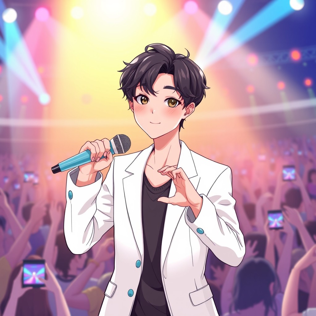 An anime-style illustration of a handsome and adorable Kpop idol, featuring a young man with short, lightly curled black hair