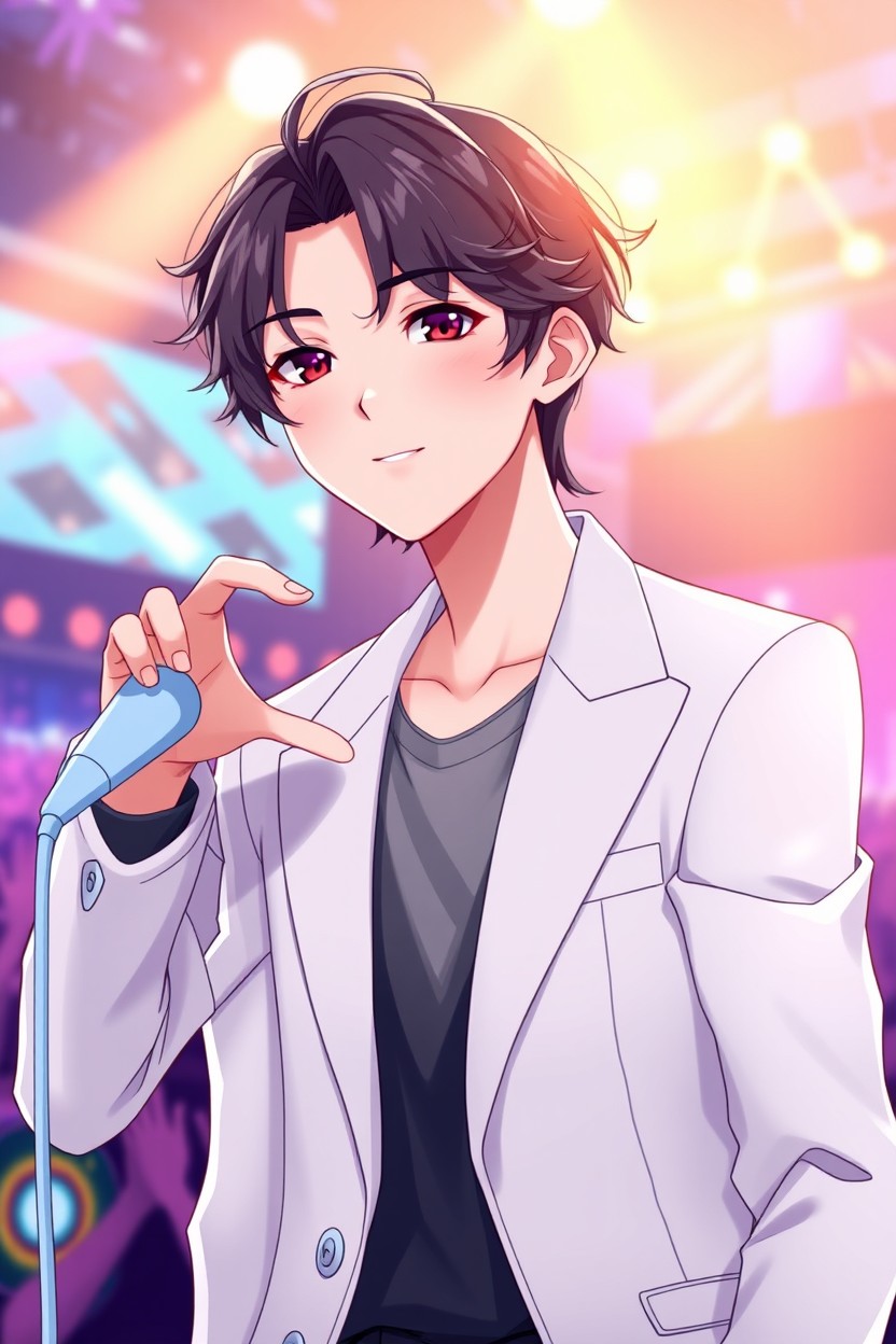 A stylish anime character of a handsome and cute K-pop idol, featuring slightly wavy short black hair