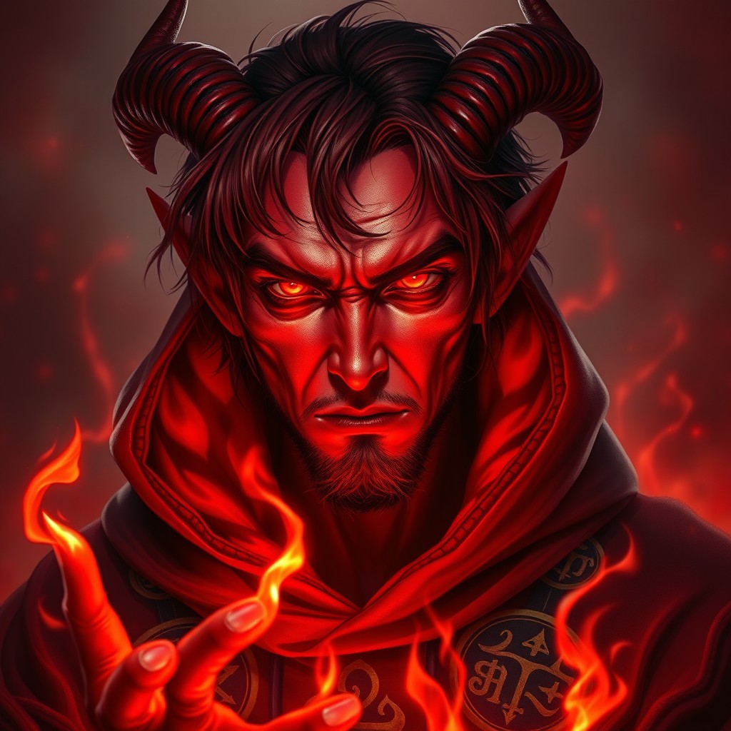 A male Tiefling sorcerer with bright red skin that appears to glow from within