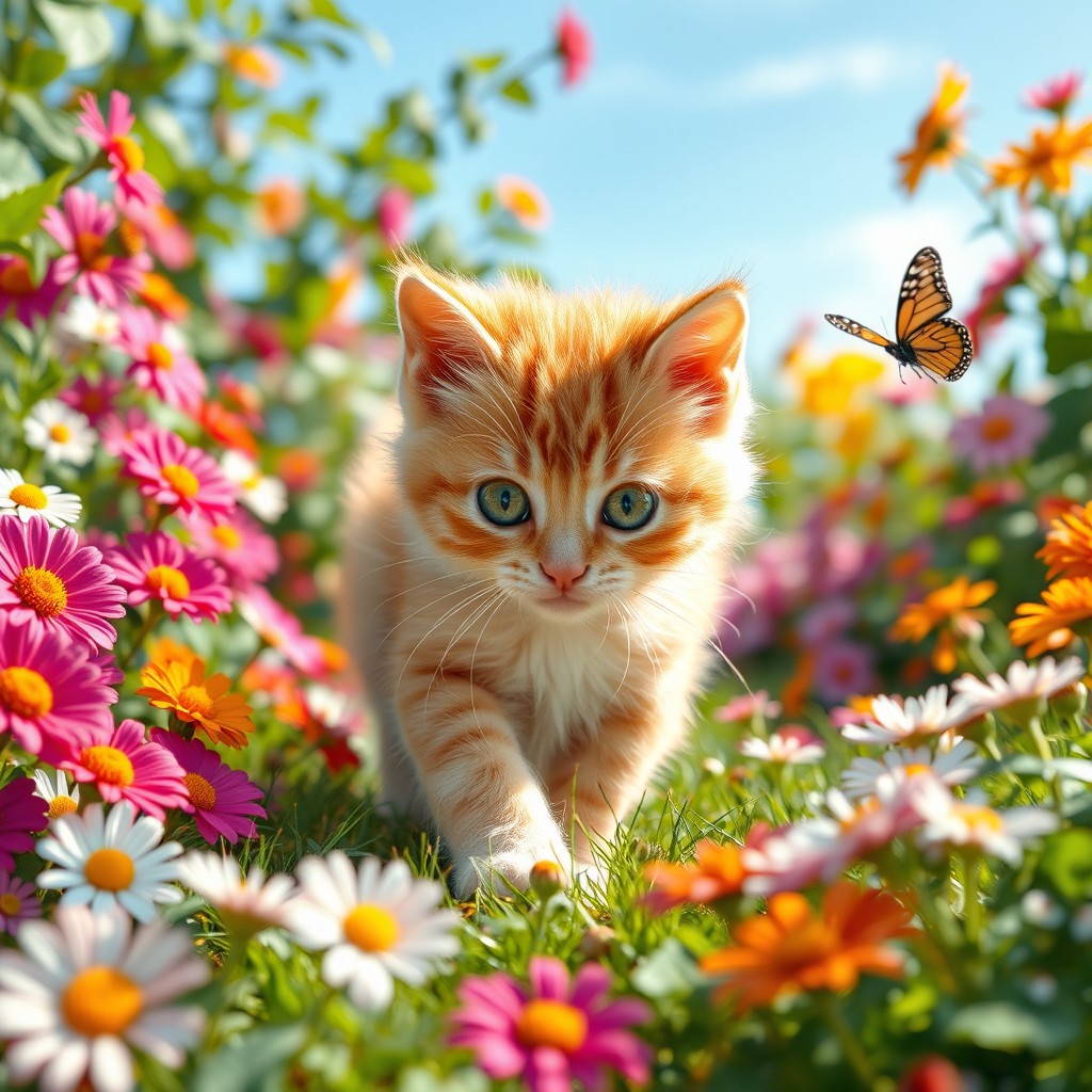 A cute and fluffy kitten with big green eyes, playfully exploring a colorful garden filled with vibrant flowers