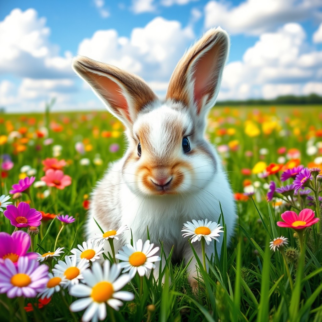 An adorable fluffy rabbit with big floppy ears, sitting in a vibrant flower meadow, surrounded by colorful blossoms and lush green grass