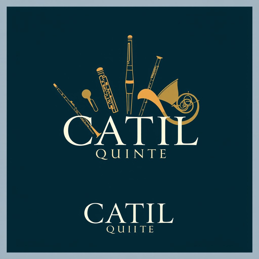 An elegant logo design for a classical music ensemble named 'CATIL Quintet', incorporating visual representations of wind instruments: a flute, oboe, clarinet, bassoon, and French horn, artistically arranged around the textual element 'CATIL'