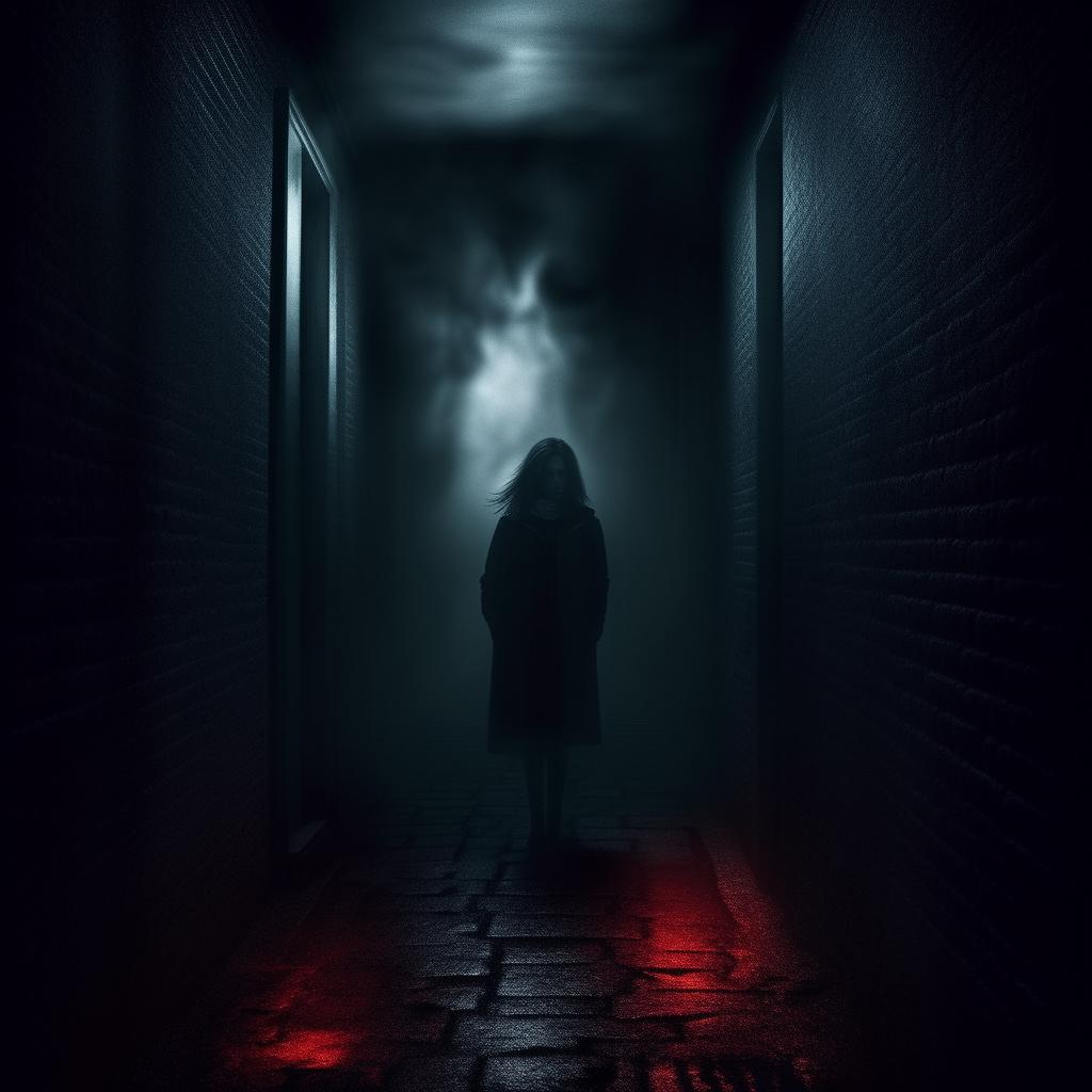 Design a suspense thriller book cover with the title 'Whispers in the Dark'. Make use of dark, shadowy visuals and a dramatic, bold title to create a sense of danger and intrigue.